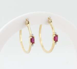 18k Gold Over Sterling Silver Lab Created Ruby & Diamond Hoop Earrings 1" Hoops